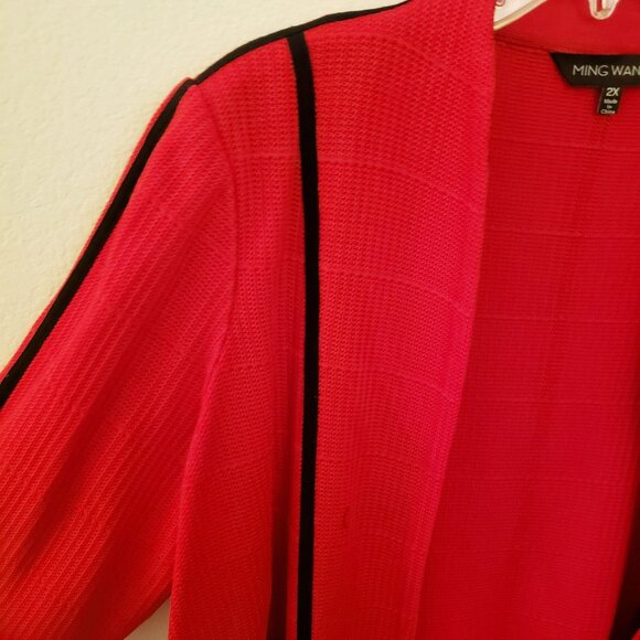 Ming Wang Red Cardigan with Black Trim Open Front 3/4th Sleeve Size 24/26W EUC - Picture 4 of 12